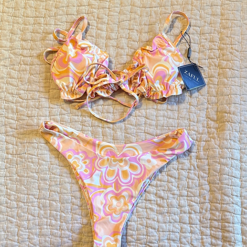 Zaful Pink & Yellow Retro Floral Bikini Set